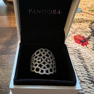 Pandora Filigree Silver Ring with Black and White Jewelry Case